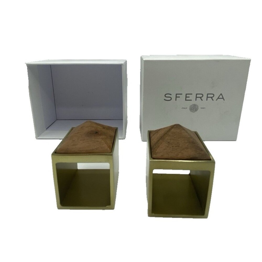 Sferra Napkin Rings Set 2 Cestia Gold Tone Stainless Acacia Wood w/ Box